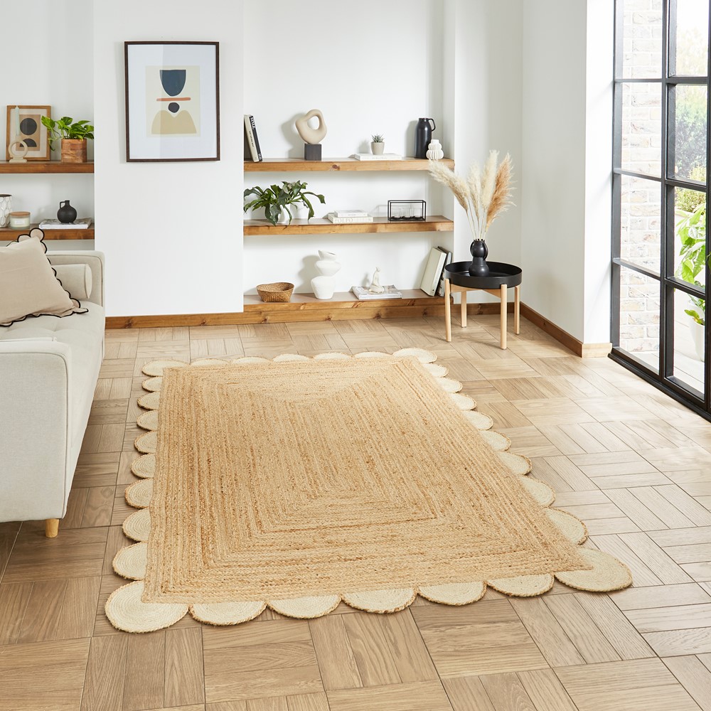 Savannah Jute Scallop Plain Flat Weave Rugs in Natural